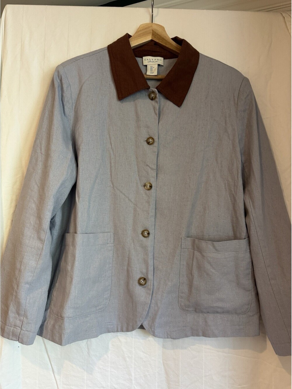 Calypso St. Barth Blue Jacket Brown Collar Button Front Pockets Lined Size L